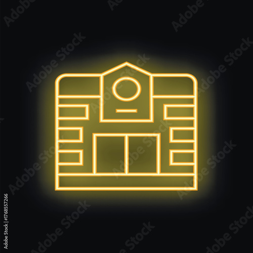 Neon sign representing the facade of a building, glowing yellow on a black background
