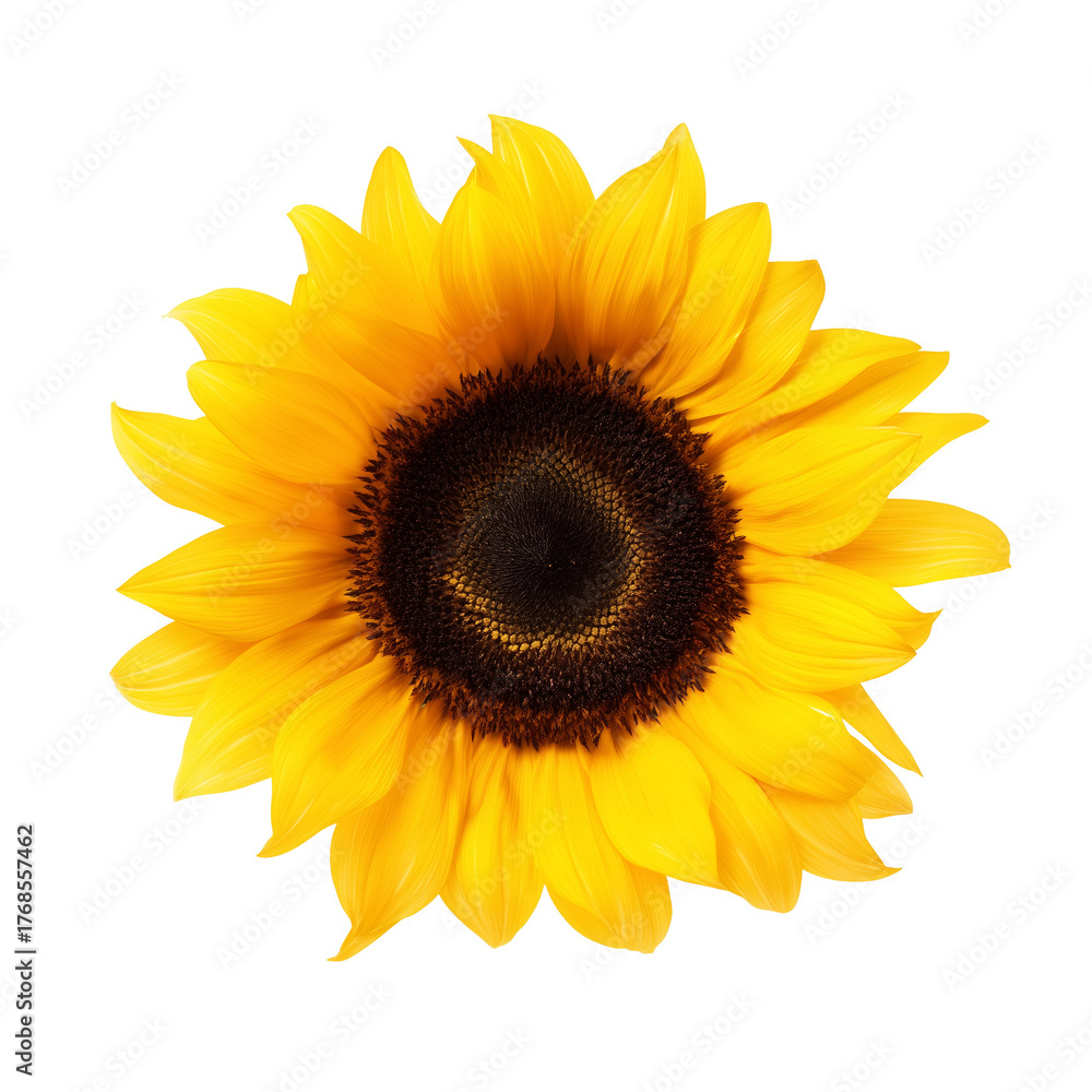 Fototapeta premium Single sunflower in full bloom with bright yellow petals and dark brown center on transparent background