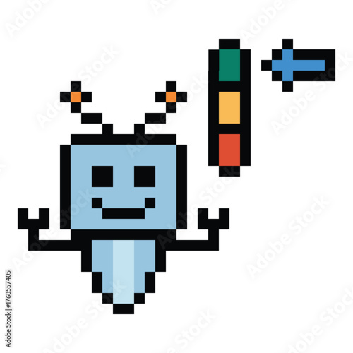 Cartoon pixel art of humanoid robot learning toy robotic engineer bot machine business vector character automation electronic background 8 bit artificial intelligence art.