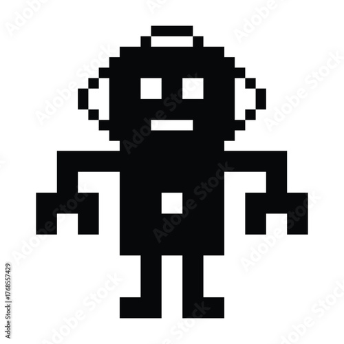 Cartoon pixel art of humanoid robot learning toy robotic engineer bot machine business vector character automation electronic background 8 bit artificial intelligence art.