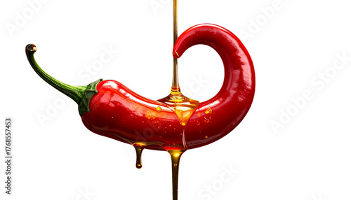 Golden Honey Dripping from Spicy Red Chili Pepper, Isolated on Transparent Background PNG