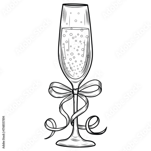 A champagne glass decorated with a coquette bow a hand-drawn vector illustration in sketch style. Whimsical line art of sparkling wine. A realistic engraving of a romantic holiday drink.