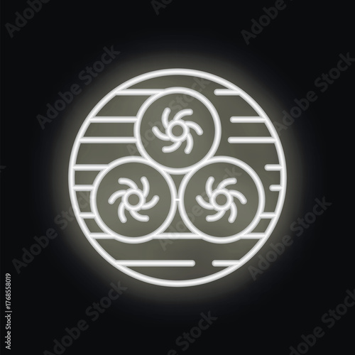 White glowing neon icon of a ventilation system with three rotating fans, representing airflow and air conditioning