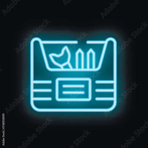 Blue neon icon of a stationery case containing a paintbrush and pencils, glowing on a dark background