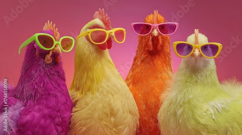 Wallpaper Mural Four colorful chickens wearing sunglasses stand together against a vibrant pink background. The chickens are fluffy and feature bright hues of pink, yellow, orange, and green. Torontodigital.ca