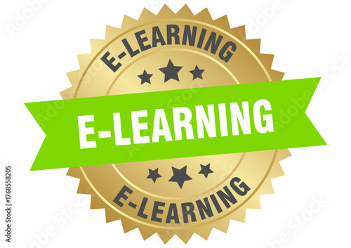 e-learning. e-learning round green and gold label isolated on transparent background