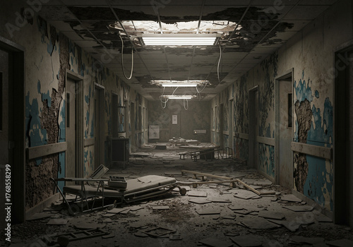 Destroyed hospital corridor after war