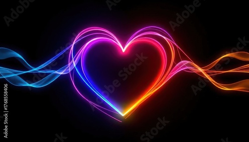 A glowing heart shape created with colorful light trails on a black background. The design features vibrant hues of pink, blue, and orange, symbolizing love and affection.