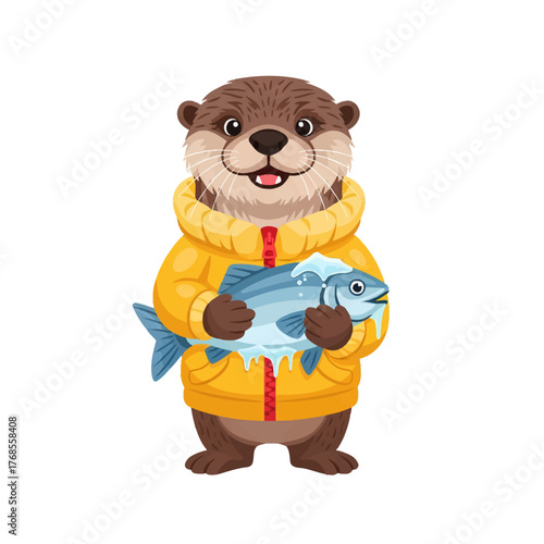 Adorable cartoon river otter in a cozy yellow winter jacket, proudly holding a large, freshly caught icy fish against a clean white background, perfect for fun seasonal and wildlife-themed designs