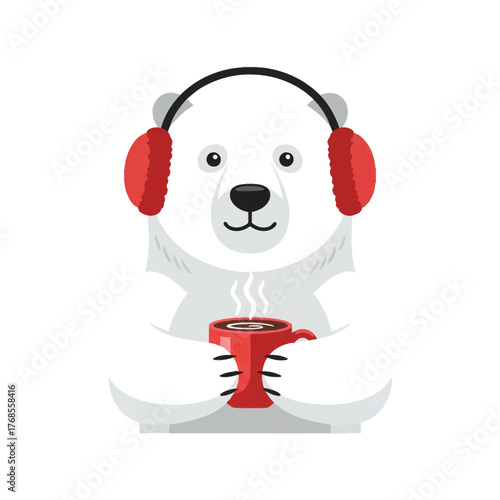 Adorable white polar bear character in cozy red ear muffs enjoying a warm beverage from a mug on a cold day