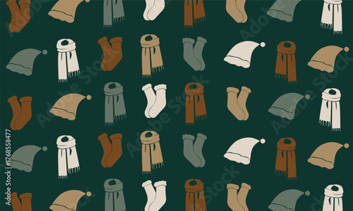 A flat style illustration pattern featuring cozy winter accessories such as knitted hats, scarves, and socks in warm earthy tones on a dark green background, perfect for holiday decoration projects.
