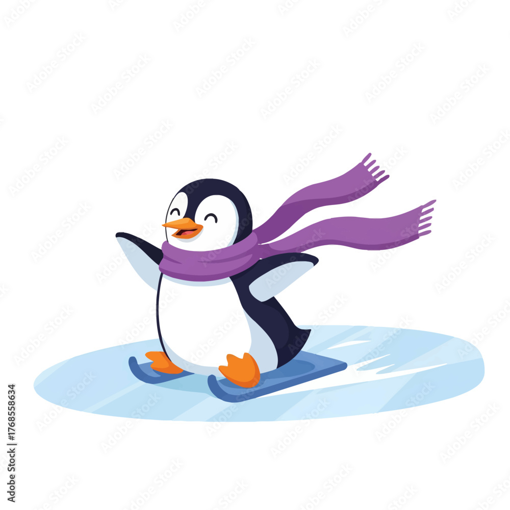 Fototapeta premium Happy penguin gliding on ice wearing a purple scarf. Playful winter cartoon illustration