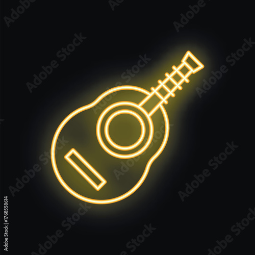 Glowing yellow neon sign depicting an acoustic guitar on a black background