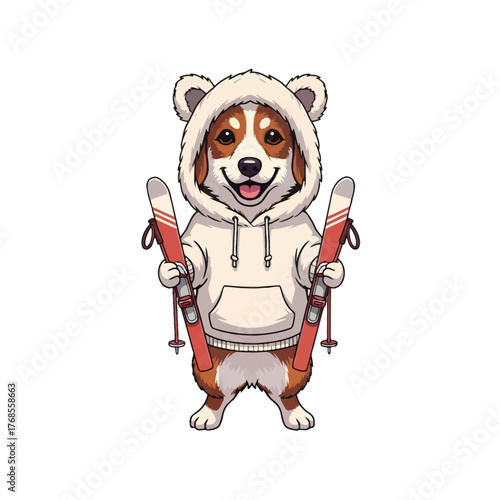 Whimsical Corgi skier mascot in a cute bear hoodie, an anthropomorphic animal character for winter sports design