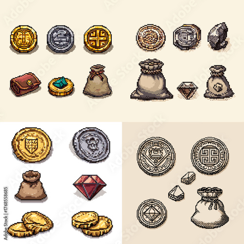 Collection of pixel coins, gems, and money bags in retro fantasy style. Great for RPG interfaces, treasure icons, or adventure game collectibles.
