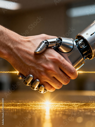 A human hand and a robotic hand are engaged in a handshake, representing the partnership between humans and machines. This moment conveys a future of cooperation