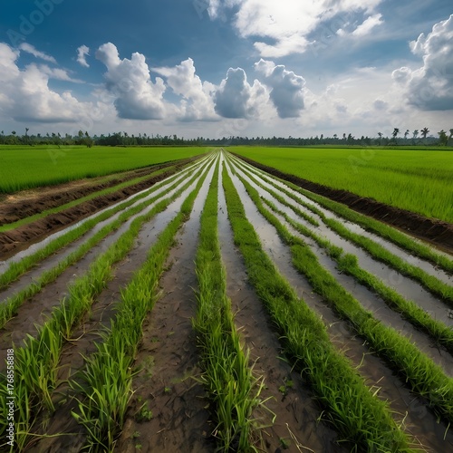 Rural Landscape with Green Paddy Fields and Cloudy Sky — Eco Farming and Agriculture Photography