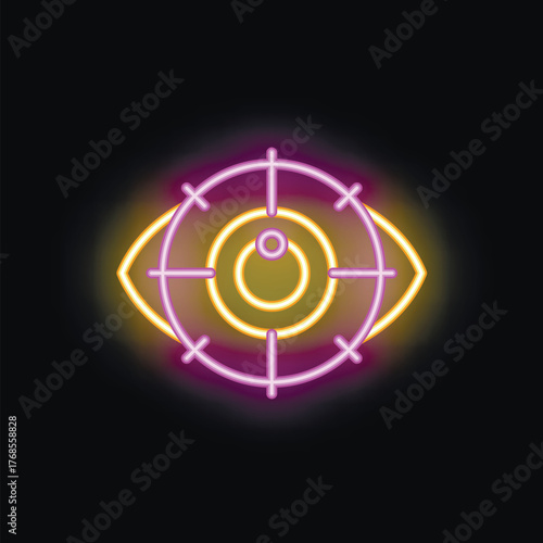 Neon sign representing an eye with cross sight focusing vision, perfect for topics like marketing, targeting and advertising