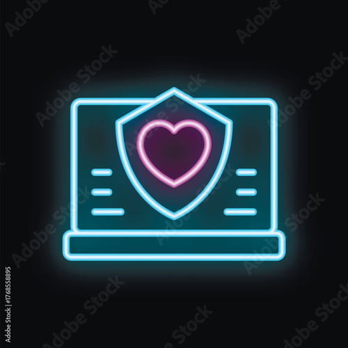Neon icon of a shield protecting a heart shape on a laptop screen, representing online dating security