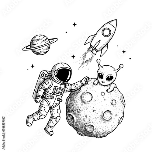 An adventurous astronaut makes a friendly first contact with a cute alien creature on a cratered moon, symbolizing exciting cosmic exploration and discovery.