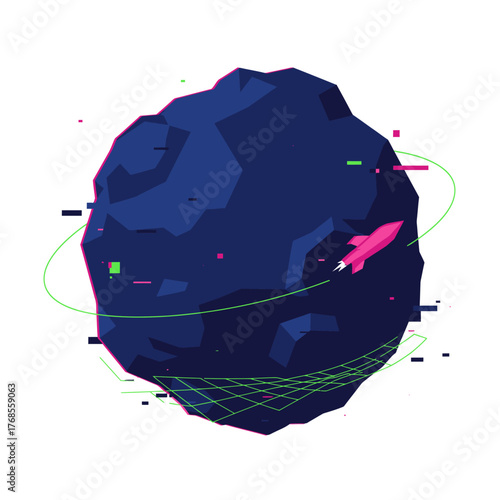 A vibrant pink rocket ship navigates a dark blue, glitch-effect planetoid, encircled by a dynamic green orbit, symbolizing future.