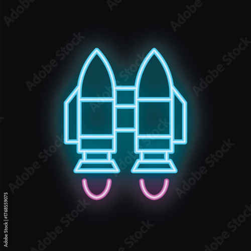 Blue and pink neon sign of twin rockets launching into the dark sky, great for any business related to space travel