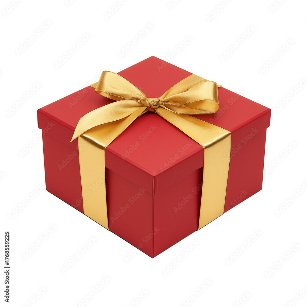 Obraz premium Square red gift box with gold trim and ribbon on transparent background