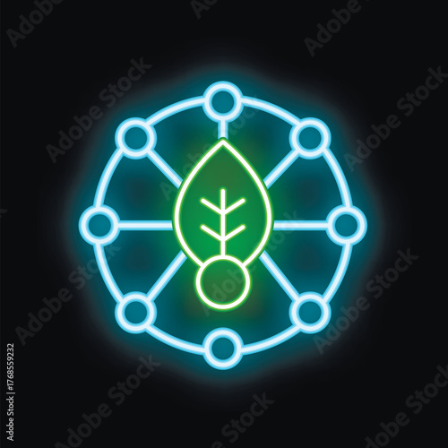 Neon green leaf at the center of a network symbolizing ecology and environmental conservation