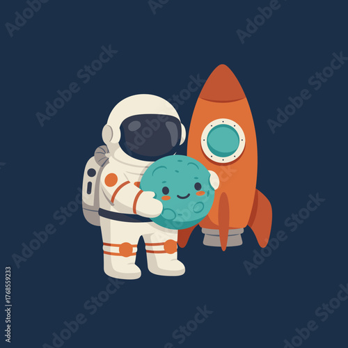 A friendly astronaut in a white suit holds a cute blue planet next to a retro red rocket, symbolizing space exploration and childhood dreams.