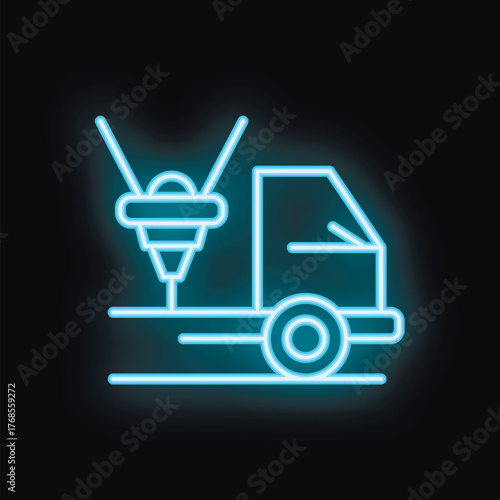 Blue glowing neon style icon of a drilling rig working on a road construction site