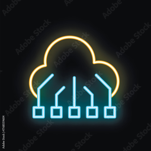 Neon cloud computing icon glowing against a dark background, symbolizing data storage, network infrastructure, and the power of the digital age