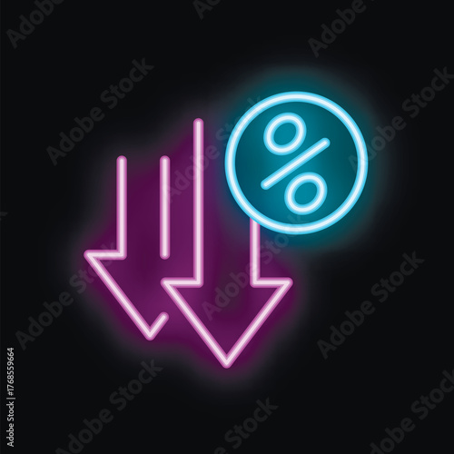 Neon sign showing a percentage symbol with two down arrows, possibly indicating a decrease in percentage or a discount