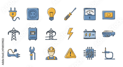 Vector icons set electrician tools plug socket light bulb repair