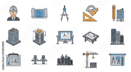 Vector icons set architect design blueprint tools building plan