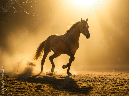 Horse galloping in golden sunset light, kicking up dust in various natural landscapes