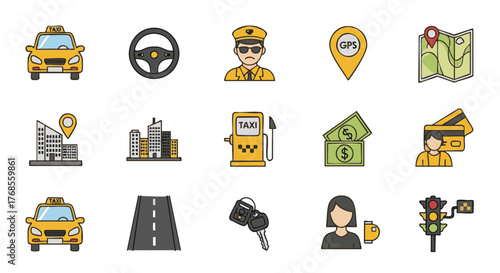 Vector flat icons taxi service driver GPS transport travel