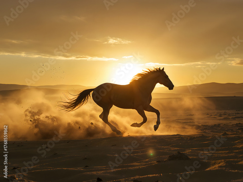 Horse galloping in golden sunset light, kicking up dust in various natural landscapes
