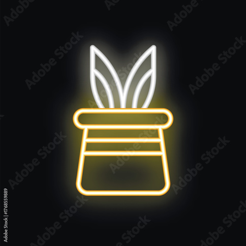Bright yellow neon sign of a magic hat with white rabbit ears appearing from the top, on a black background