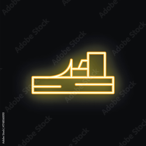 Yellow neon icon of a cargo ship delivering goods, isolated on a black background