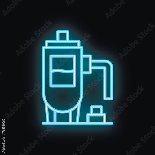 Blue glowing neon icon representing a water tower, suggesting its role in water purification and supply
