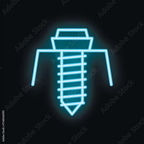 Neon icon of a screw glowing blue on a dark background