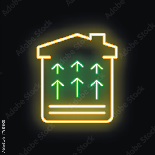 Neon icon of a vertical farm glowing yellow and green on a black background