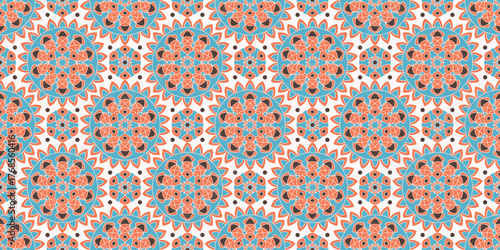 Seamless pattern with traditional Indian floral ornament for fabric swatch or wrapping paper. Vector abstract kaleidoscopic background