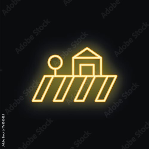 Neon yellow farmland icon with barn and fields on black background