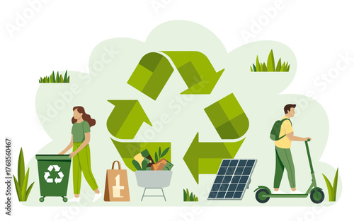 Eco-friendly recycling and sustainable living with people and solar panels