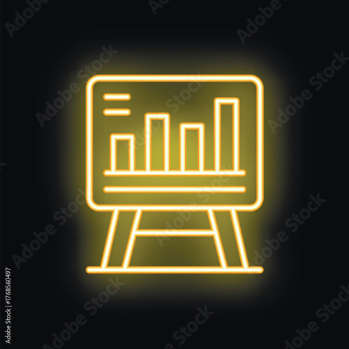 Neon yellow icon of a flipchart with a growing bars graphic is showing business success