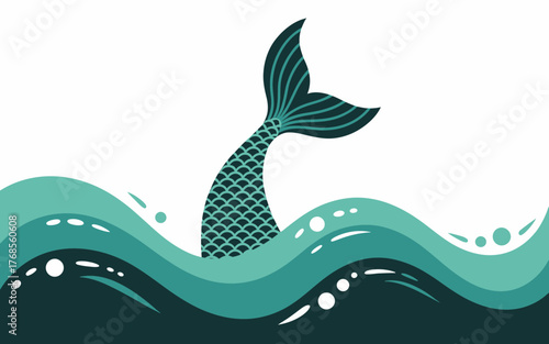 Mysterious teal mermaid tail emerges from wavy ocean water fantasy creature