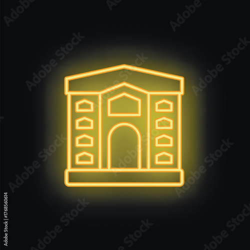 Neon yellow icon of a building facade glowing on a black background