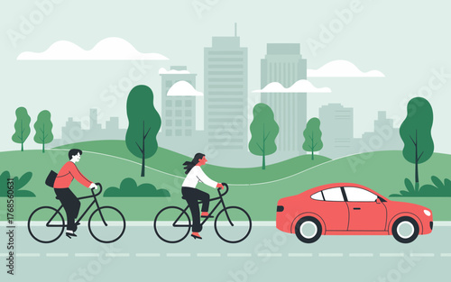 Urban cycling and traffic scene with cityscape and greenery landscape
