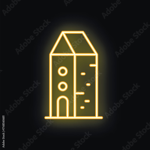 Yellow neon sign depicting a multi storey building glowing on a black background